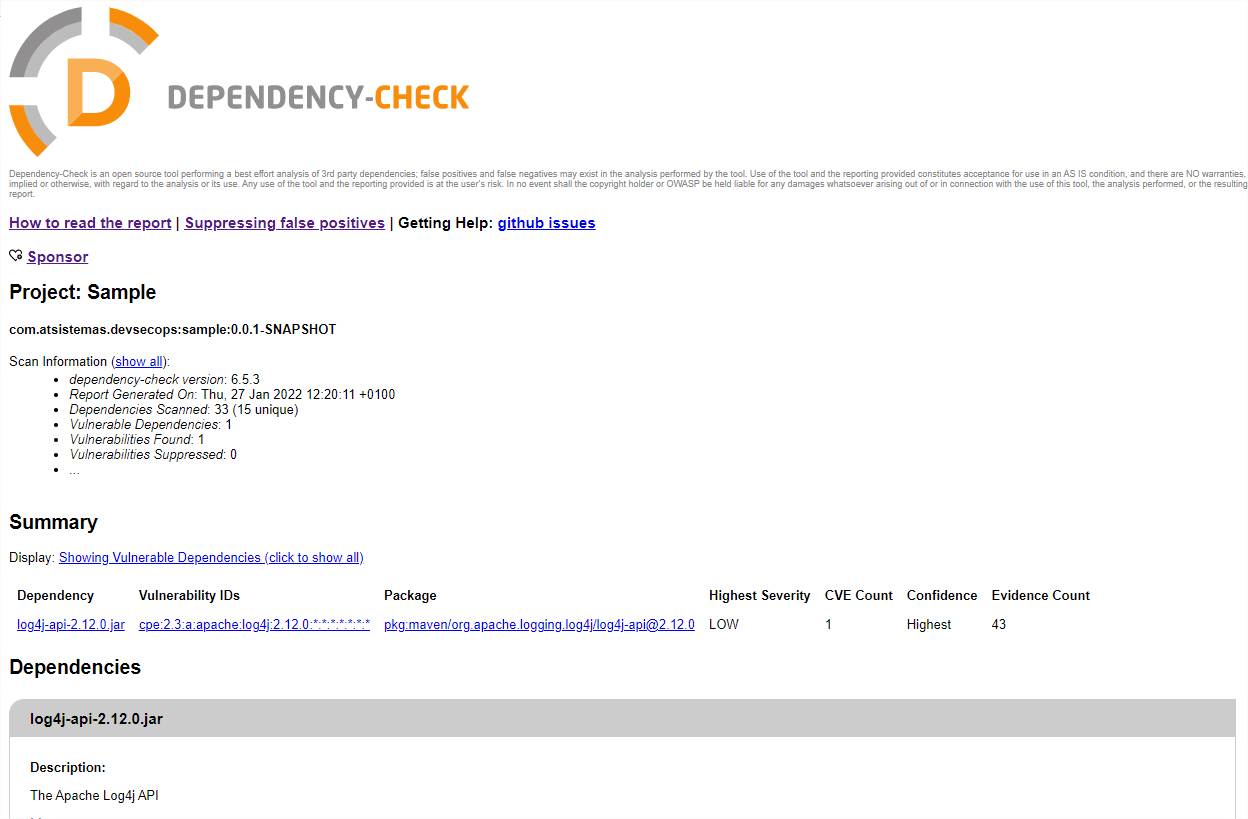 Dependency Check Report with Log4J vulnerability