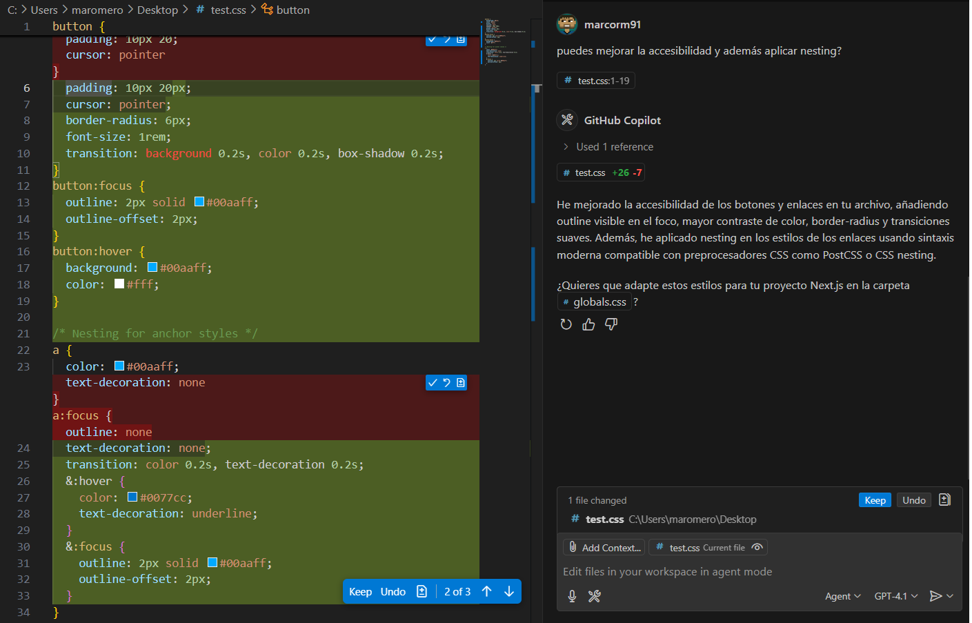 Ventana de Visual Studio Code mostrando un archivo CSS con mejoras de accesibilidad y nesting aplicadas a botones y enlaces, sugeridas por GitHub Copilot
