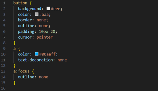 Fragmento de código CSS que define estilos básicos para botones y enlaces