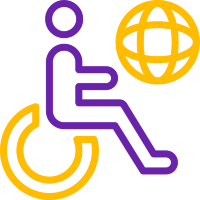 Símbolo de accesibilidad con una persona en silla de ruedas frente a un icono del mundo, representando acceso global e inclusivo